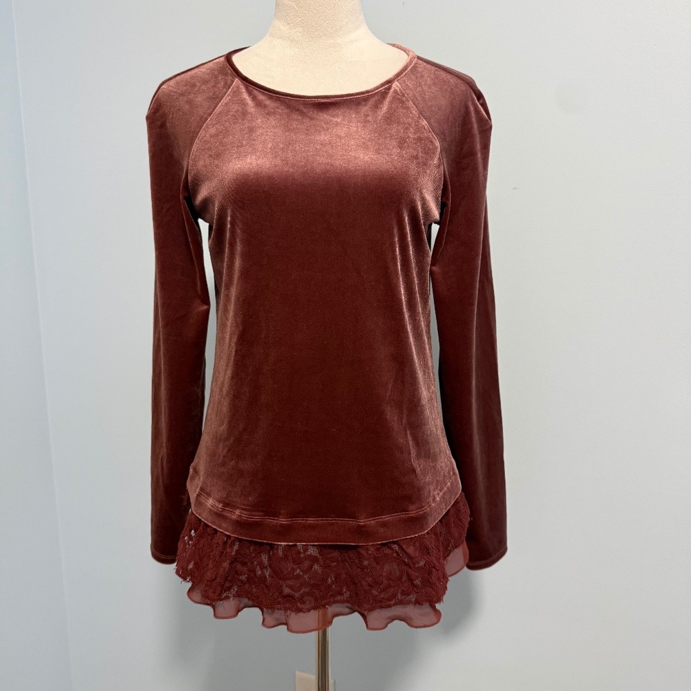Sundance Women’s Velvet Long Sleeve Lace Trim Top Blouse Size S